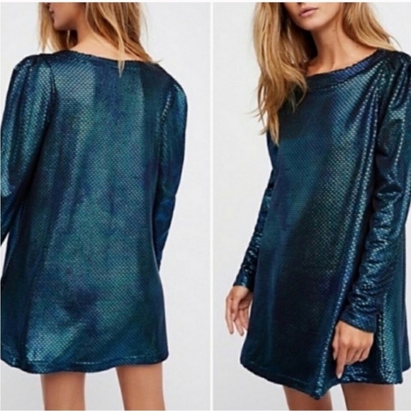 Free People Diamonds Are Forever Mermaid Mini Dress in Metallic Blue Small - Picture 3 of 15